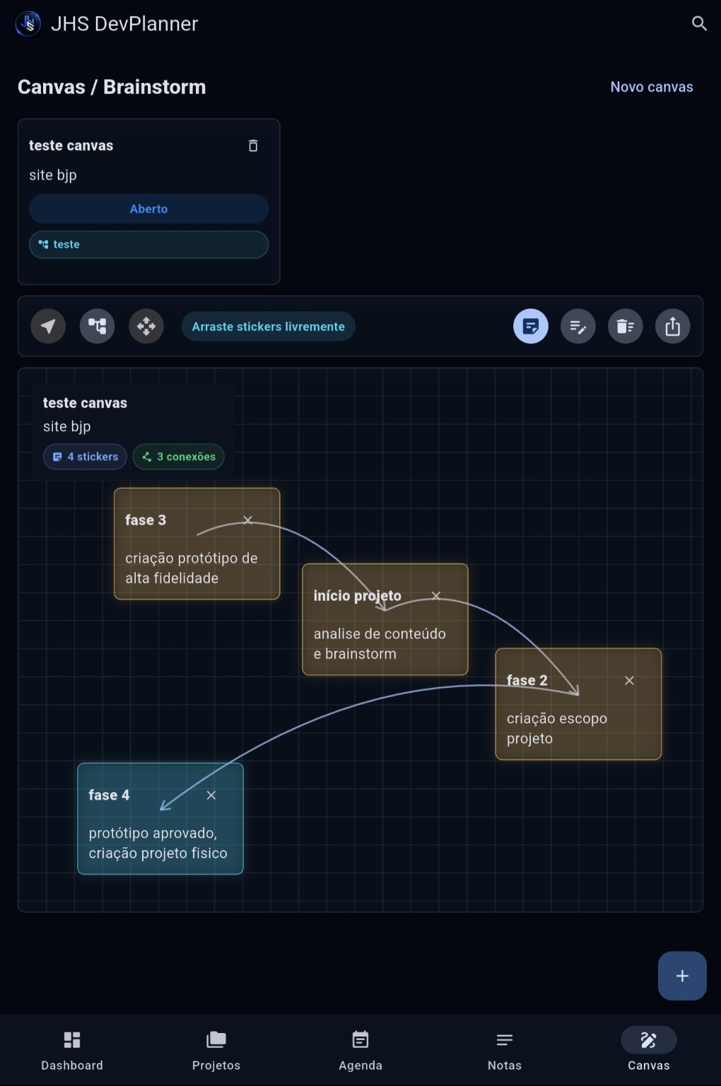 Tela mobile real do canvas e brainstorm do JHS DevPlanner