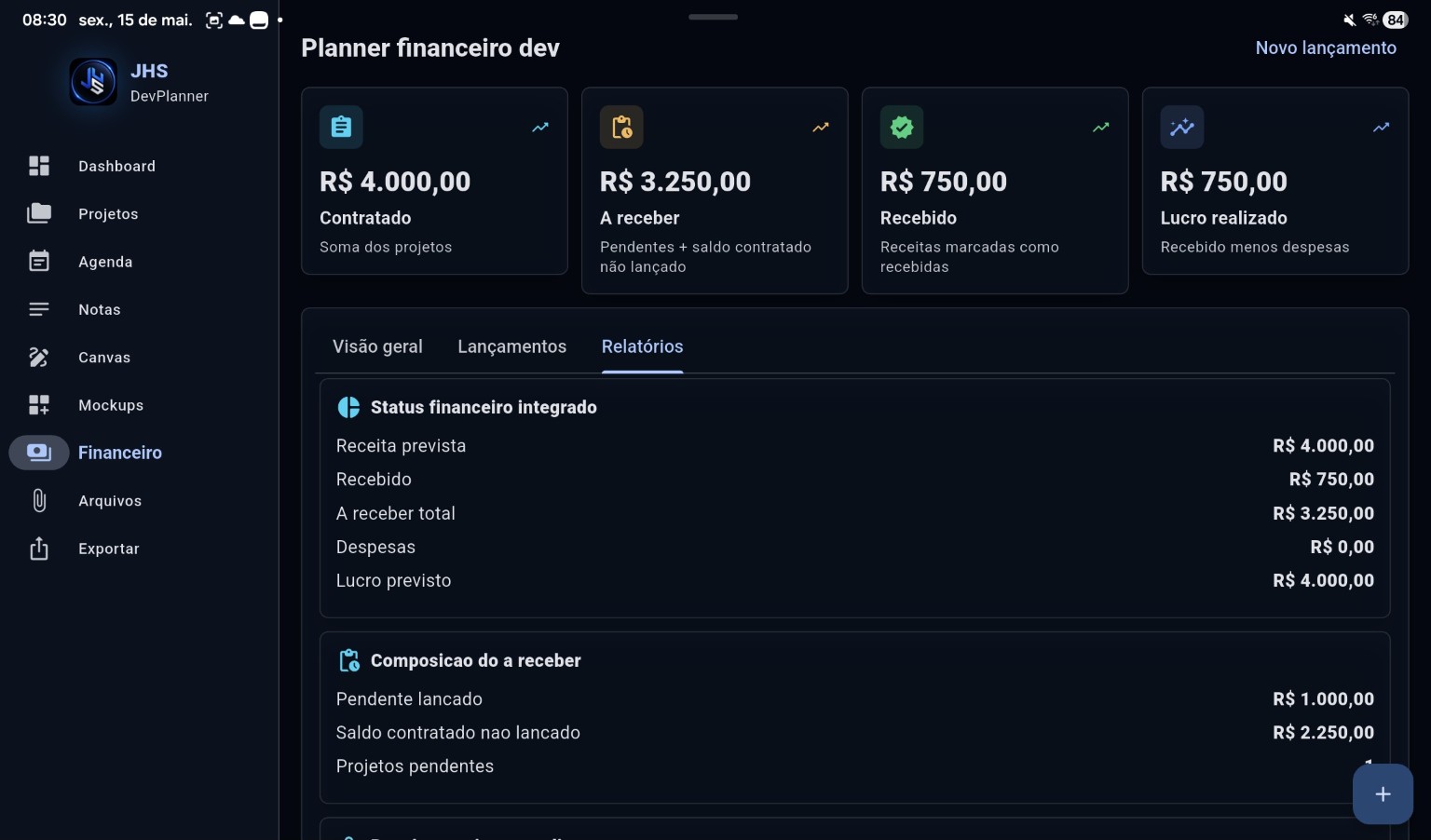 Tela real do planner financeiro dev