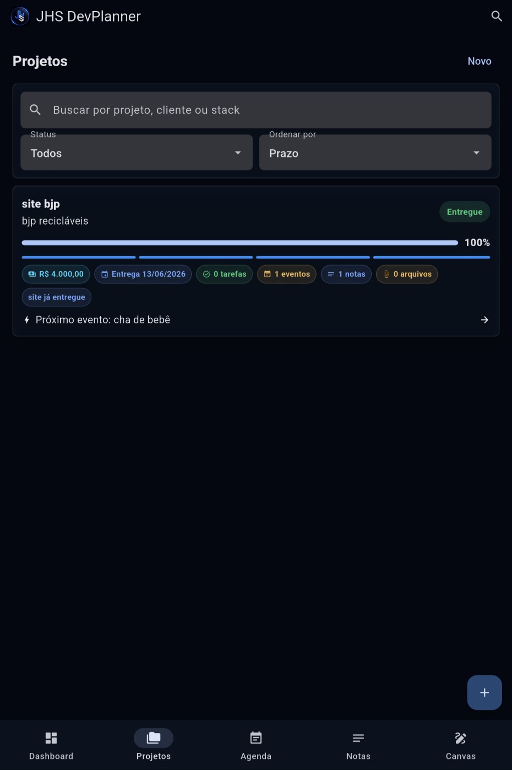 Tela mobile real de projetos do JHS DevPlanner